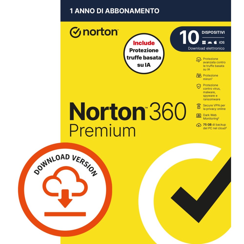 NORTON 360 PREMIUM 2026 - ANTITRUFFA-10 DISPOSITIVI 12 MESI 75GB - IT ESD